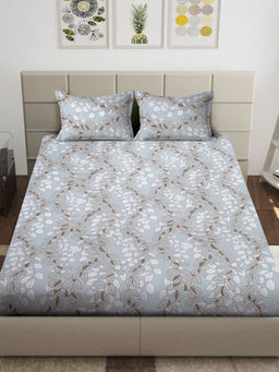 FABINALIV - Grey Floral 300 TC Cotton Blend Fitted Bedsheet with 2 Pillow Covers (King)