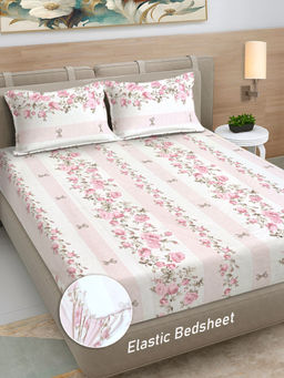 FABINALIV - Pink Floral 300 TC Cotton Blend Fitted Bedsheet with 2 Pillow Covers (King)