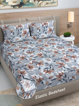 FABINALIV - Grey Floral 300 TC Cotton Blend Fitted Bedsheet with 2 Pillow Covers (King)