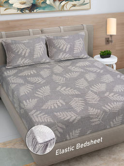 FABINALIV - Grey Floral 300 TC Cotton Blend Fitted Bedsheet with 2 Pillow Covers (King)
