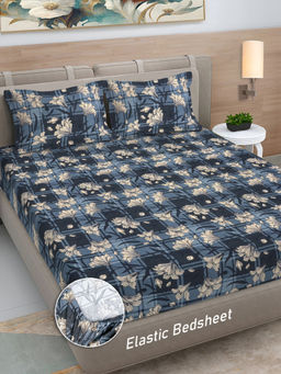 FABINALIV - Navy Blue Floral 300 TC Cotton Blend Fitted Bedsheet with 2 Pillow Covers (King)