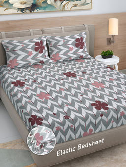 FABINALIV - Grey Floral 300 TC Cotton Blend Fitted Bedsheet with 2 Pillow Covers (King)