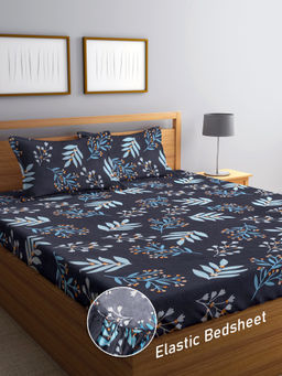 FABINALIV - Navy Blue Floral 300 TC Cotton Blend Fitted Bedsheet with 2 Pillow Covers (King)