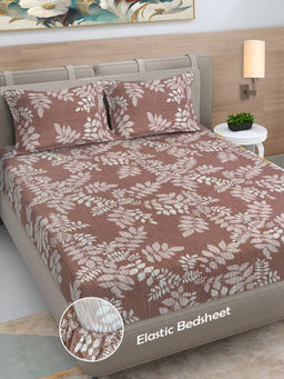 FABINALIV - Brown Floral 300 TC Cotton Blend Fitted Bedsheet with 2 Pillow Covers (King)