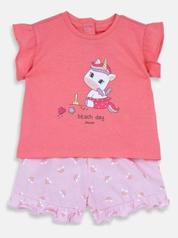 Chicco - Girls Peach Cotton Half Sleeves Top with Shorts