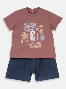 Chicco - Boys Mauve Cotton Half Sleeves Top with Shorts