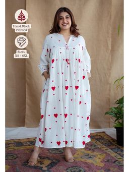 The Indian Ethnic Co. - White A-Line Cotton Hand Block Printed Dress