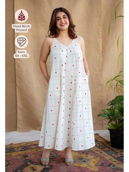 The Indian Ethnic Co. - White A-Line Cotton Hand Block Printed Dress