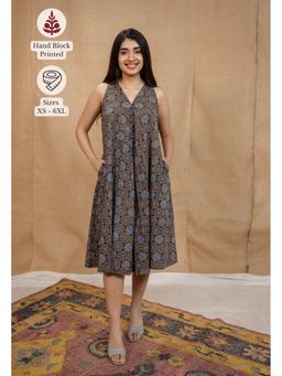 The Indian Ethnic Co. - Charcoal A-Line Ajrakh Cotton Hand Block Printed Dress