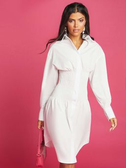 Styli - White Shirred Waist Concealed Button Shirt Midi Dress