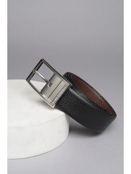 Louis Philippe - Black Men Black Textured Leather Formal Belt