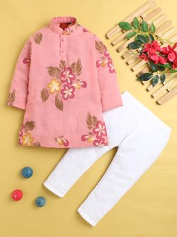 Jeetethnics - Boys Pink Floral Printed Kurta Pyjama Set