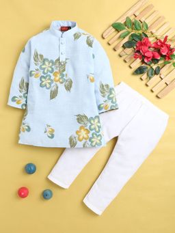 Jeetethnics - Boys Blue Floral Printed Kurta Pyjama Set