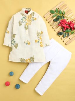 Jeetethnics - Boys Cream Floral Printed Kurta Pyjama Set