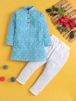 Jeetethnics - Boys Blue and White Printed Kurta Pyjama Set