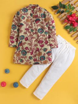 Jeetethnics - Boys Beige Floral Printed Kurta Pyjama Set