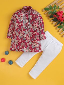 Jeetethnics - Boys Wine Printed and Embroidered Kurta Pyjama Set