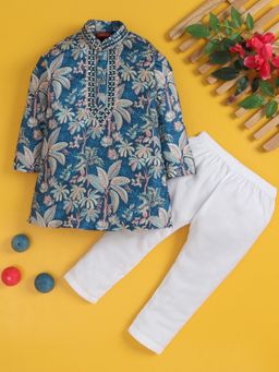 Jeetethnics - Boys Blue Printed and Embroidered Kurta Pyjama Set