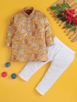 Jeetethnics - Boys Mustard Printed and Embroidered Kurta Pyjama Set