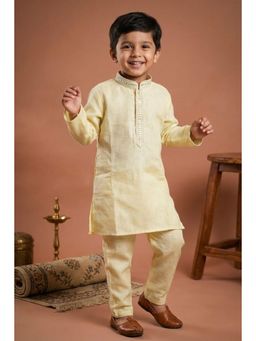 Lagorii - Yellow Embroidered Linen Kurta Set