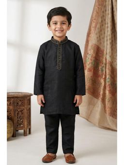 Lagorii - Black Embroidered Linen Kurta Set