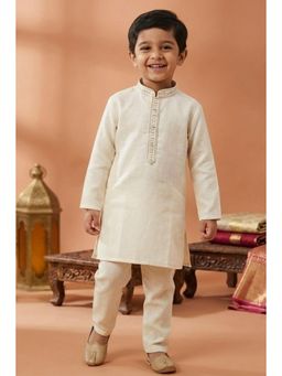 Lagorii - Cream Embroidered Linen Kurta Set