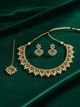 I Jewels - Gold Plated Traditional Green Stone Studded Jewellery Set