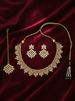 I Jewels - Gold Plated Traditional Pink Stone Studded Jewellery Set