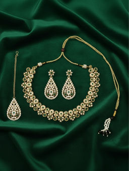 I Jewels - Gold Plated Traditional Green Stone Studded Jewellery Set