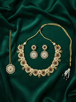 I Jewels - Gold Plated Traditional Wine Stone Studded Jewellery Set