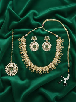 I Jewels - Gold Plated Traditional Green Stone Studded Jewellery Set