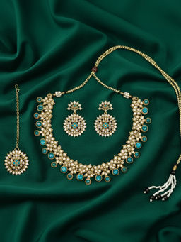 I Jewels - Gold Plated Traditional Blue Stone Studded Jewellery Set