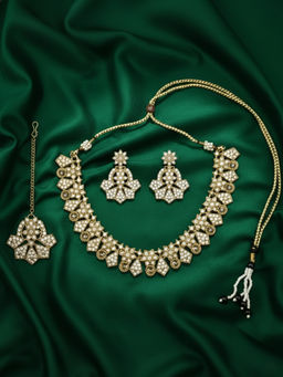 I Jewels - Traditional Gold Plated White Stone Studded Jewellery Set