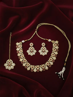 I Jewels - Traditional Gold Plated Pink Stone Studded Jewellery Set