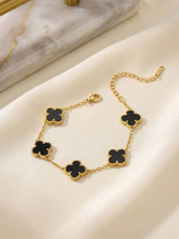I Jewels - Gold Plated Double Sided Black and White Clover Adjustable Bracelet