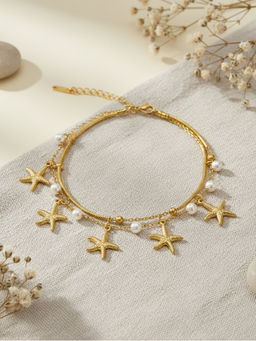 I Jewels - Gold Plated Layered Pearl and Starfish Dangle Charm Bracelet