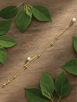 I Jewels - Gold Plated 3 Layered Pearl Dangle Charm Bracelet