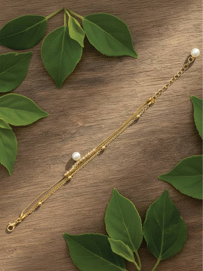 Gold Plated 3 Layered Pearl Dangle Charm Bracelet