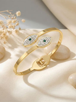 I Jewels - Stylish Gold Plated Green Stone Studded Open Bangle Bracelet