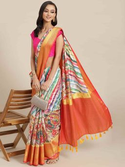 Silk Land - Pure Silk Stripes & Woven Saree with Unstitched Blouse Piece Multi-Color with Unstitched