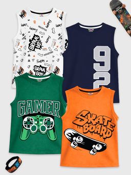Kuchipoo - Boys Multi-Colour Cotton Blend Sleeveless T-Shirts (Pack of 4)