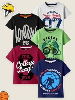 Kuchipoo - Boys Multi-Colour Cotton Blend Half Sleeves T-Shirts (Pack of 5)