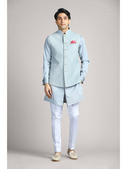 CHAR CHAAND - Bluish Grey Soft Cotton with Patterned Layer Kurta with Pant & Bundi (Set of 3)