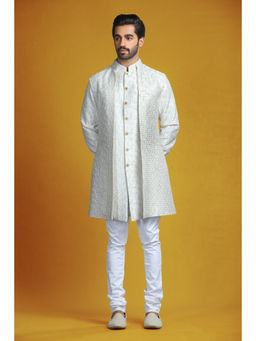 CHAR CHAAND - Ivory Embroidery with Jewelled Buttons Kurta with Churidar & Bundi (Set of 3)