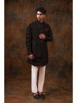 CHAR CHAAND - Charcoal Black Geometric Kurta with Pant & Bundi (Set of 3)