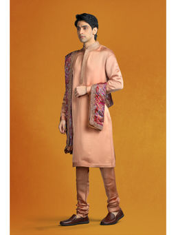 CHAR CHAAND - Beige Brown Aari-Zardozi Embellished Kurta with Churidar & Dupatta (Set of 3)