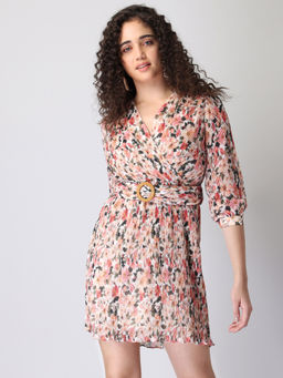 FabAlley - Multicolored Floral Pleated Belted Wrap Dress