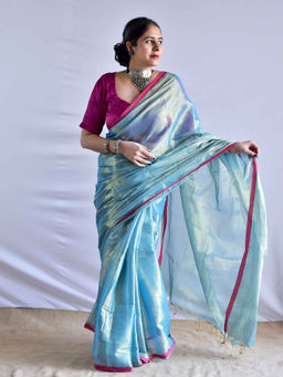 Sundarii - Sea Blue Tissue with Unstitched Blouse