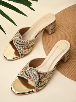 ROCIA - By Regal Gold Womens Heavy Embroidered Block Sandal Heels