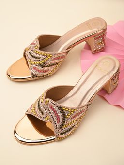ROCIA - By Regal Rose Gold Womens Heavy Embroidered Block Sandal Heels
